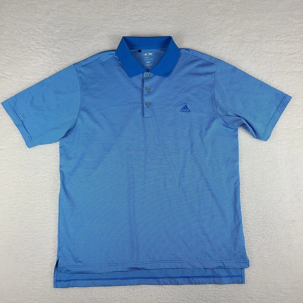 Adidas Polo Shirt Mens large Blue Striped Clima Lite Performance Short Sleeve‎